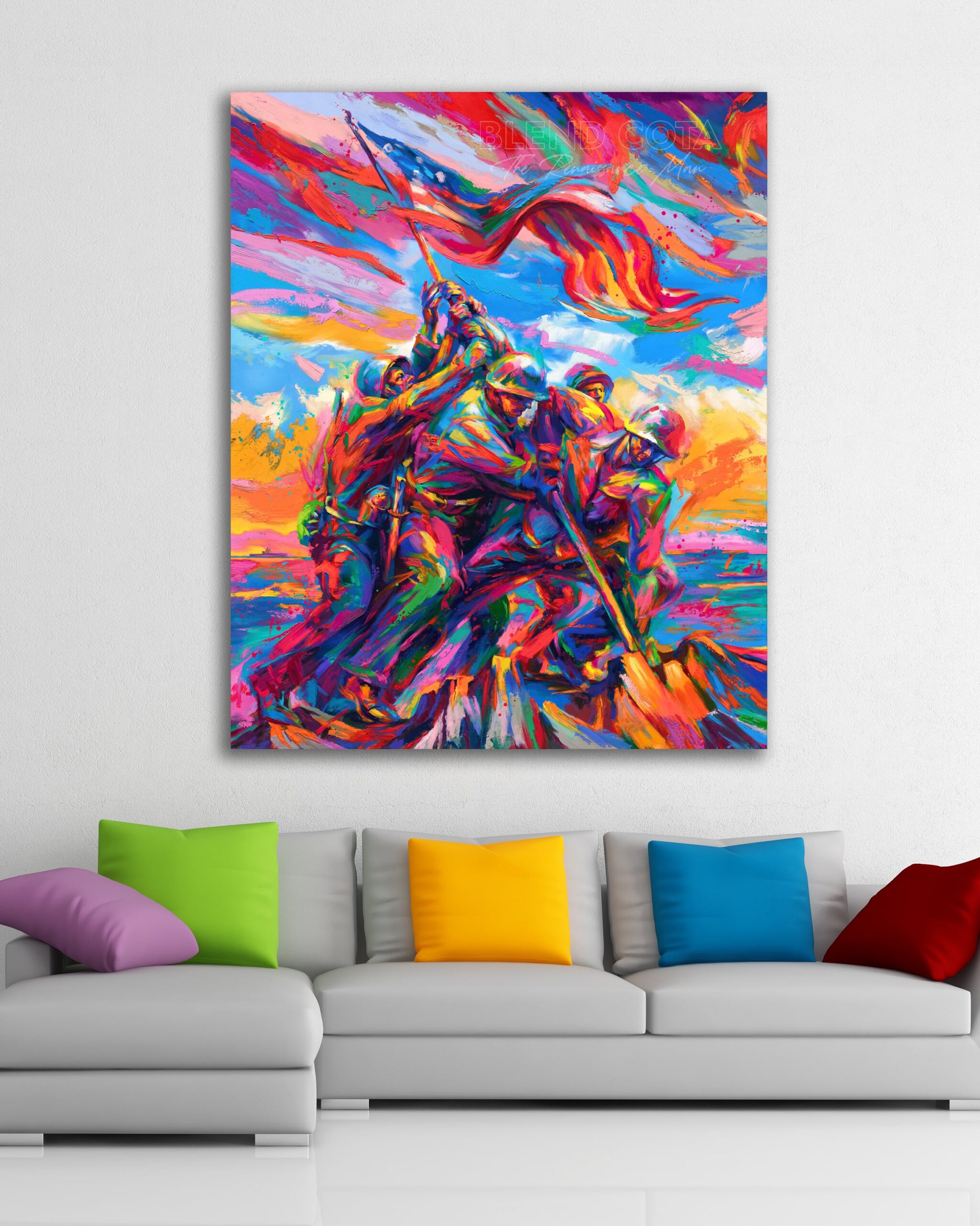 marine-corps-war-memorial-original-oil-canvas-painting-room-setting-colorful