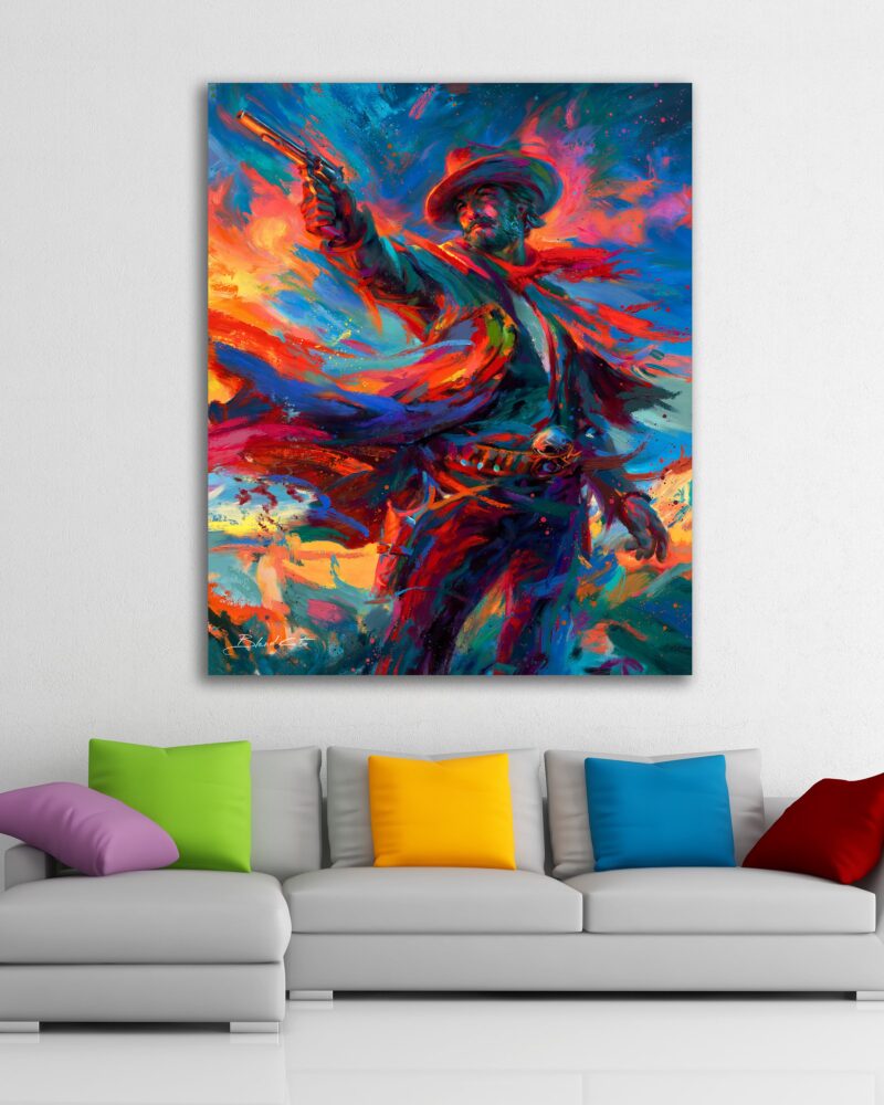 the-gunslinger-cowboy-original-oil-canvas-painting-room-setting-colorful